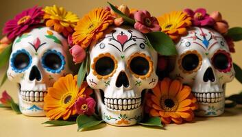Three floweradorned sugar skull decorations photo