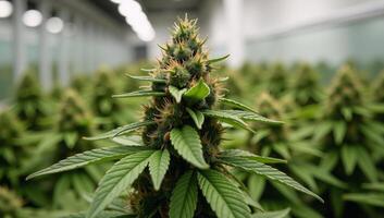 Closeup macro shot of mature cannabis Sativa flower bud set against a modern greenhouse backdrop photo