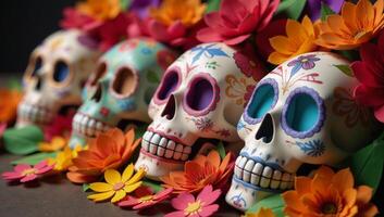 Vibrant Day of the Dead paper craft skulls decorated with floral motifs amidst colorful flowers photo
