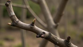 Twisted tree branch bearing buds amidst a blurry backdrop photo
