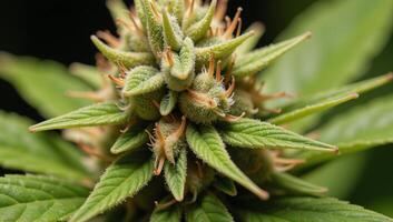 Closeup of cannabis plant showcasing THC CBD crystals photo