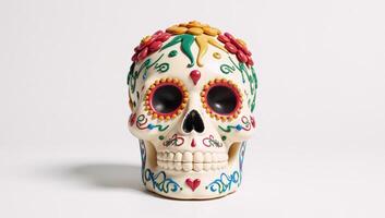 Stylized depiction of a vibrant decorated sugar skull against a pure white backdrop photo