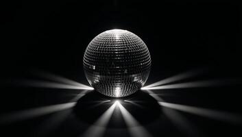 A rotating blackandwhite disco ball glows against dark background amidst flashes of light and dramatic shadows photo