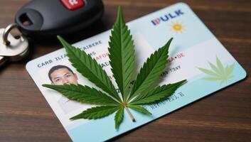 Marijuanathemed concept art depicts a green cannabis leaf alongside a set of car keys and a drivers license hinting at an illicit drug transaction in the setting of a car dealership or transportation photo