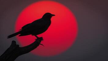 Black bird on redlit tree branch photo