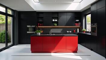 Contemporary kitchen design showcasing sleek black cabinetry photo