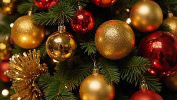 A Christmas tree featuring multiple bright ornaments accompanied by a goldenandred New Years tree arrangement photo