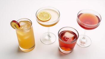 Cocktail shots against a simple white backdrop viewed from above photo