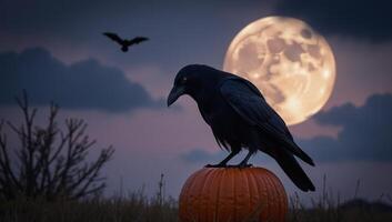 A crow perches on a Halloween pumpkin amidst a scary night scene with clouds a full moon and bats flying photo