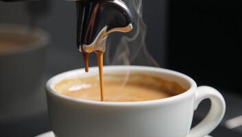 Coffee steaming up as espresso pours into a waiting cup photo