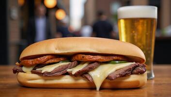 A quintessential American meal cheesesteak beer photo