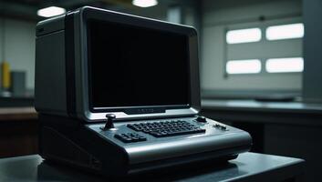 A retrofuturistic scifi computer terminal awaits interaction on a blank screen within a game design setting photo