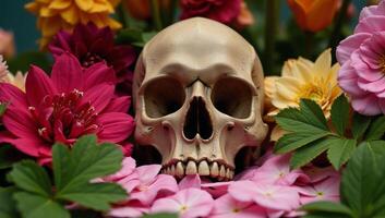 Skull adorned with vibrant flora and foliage Colorful Arrangement photo