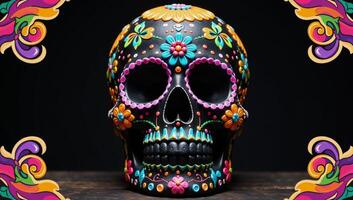 Striking Sugar Skull Calavera Banner showcasing vibrant colors and lively dynamics on a bold Da de los Muertos theme photo