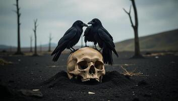 Ravens perched upon a skull within a brooding landscape photo
