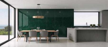 Modern kitchendining room interior design featuring a dark green wall 3D rendering photo