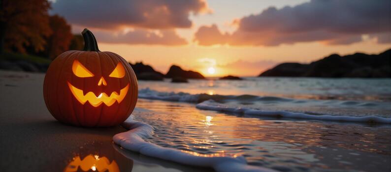 Festive Halloween scene JackOLantern on Shoreline Ideal Beach Party Promotion Themed Event Copy Space photo