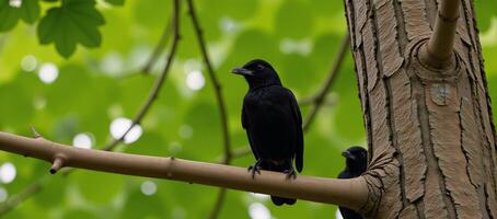 A pair of birds with one leaning on an extended branch photo