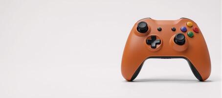 Colorful retro game controller against minimal white backdrop photo
