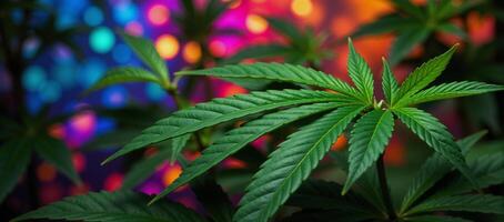 For a lively and festive 420 celebration marijuana photography with vibrant cannabis leaves against colorful psychedelic backdrop photo