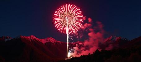 Vibrant firework display lights up mountainous landscape during a lively festival photo