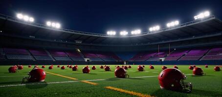 Neonlit football field adorned with multiple helmets and soccer balls photo