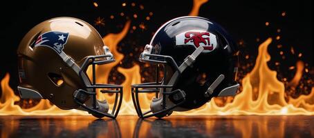 Dramatic showdown between two football helmets surrounded by sparks and flames photo