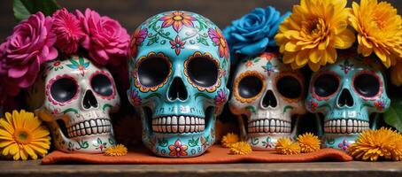 Vibrant Day of the Dead scene featuring traditional sugar skulls marigolds and room for product promoparty invite photo