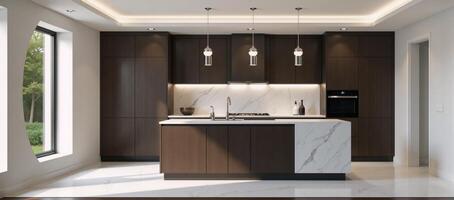 A modernstyled 3D rendering showcases an elegant kitchen interior design photo