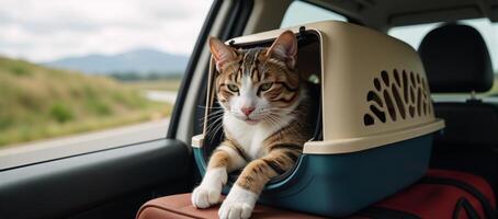 Cat comfortably traveling by car during a road trip photo
