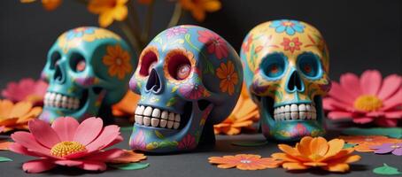 Brightly patterned papercraft Dia de Los Muertos skulls amidst lively paper flower arrangements photo
