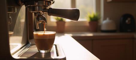 Modern coffee machine brews steaming espresso in sunlit kitchen scene Modern Coffee Machine Espresso Brewing photo