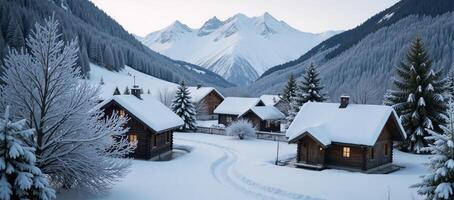 A snowcovered Christmas village with distant mountain views under a light dusting of frost on the trees photo