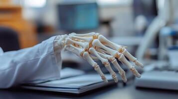 A person in a lab coat is holding a skeleton hand photo