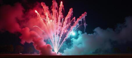 Colorful light show with smoke effects illuminates a dark setting at nighttime photo
