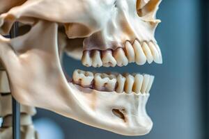 A close up of a human skull with teeth photo