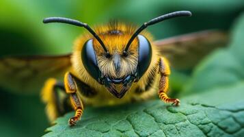 A close up of a bee with black eyes photo