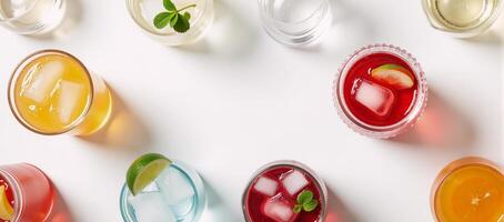 Topdown shot displaying colorful cocktails against a clean white backdrop photo