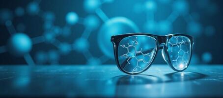 Abstract art depicts an energetic blue molecular representation of hydrogen glassware within a clean and simplified chemical context photo