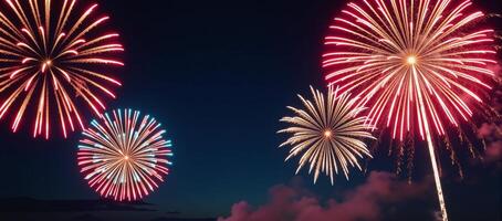 Ultrawide festive firework display showcasing patriotic flag colors against central blank space photo