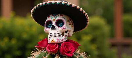 Day of the Dead Skull with hat cactus adorned with red roses photo
