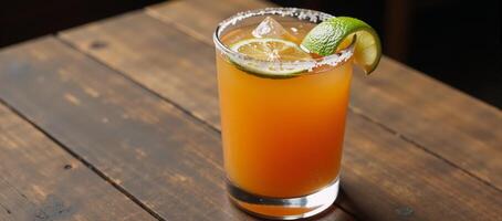 Spicy Orange Margarita served on a Rustic Wood Table photo