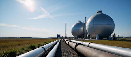 A modern factory showcases a spherical highpressure tank gas manufacturing facility featuring BPVC installations and surrounded by gas pipes on a bright day photo