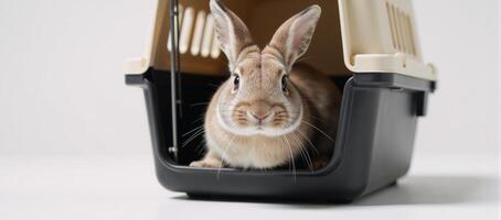 Rabbit curiously peeks out of pet carrier in preparation for veterinary checkup with a plain white background photo