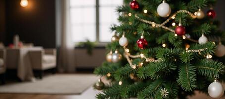 A Christmas Tree amidst a softly blurred backdrop photo