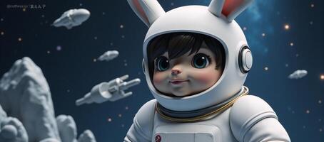 A 3D illustration featuring an astronaut rabbit suit amidst a futuristic space setting photo