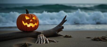Spooky beach Halloween scene Glowing JackOLantern amidst ocean waves Seasonal Promotion photo