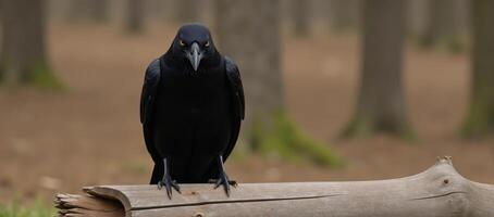 Majestic crow perched on weathered tree trunk dark atmospheric photo