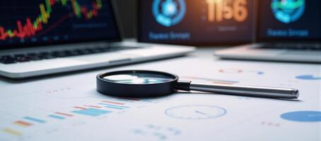 Data analysis with focus on search engine optimization using magnifiers charts graphs universitystyle neon screens and stock images photo