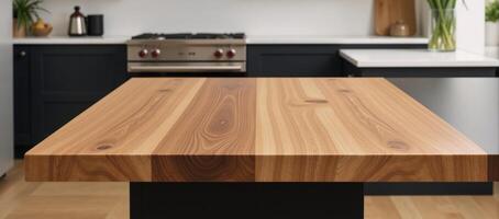 A detailed 3D render of a charming natural wood table against a stylish kitchen backdrop photo